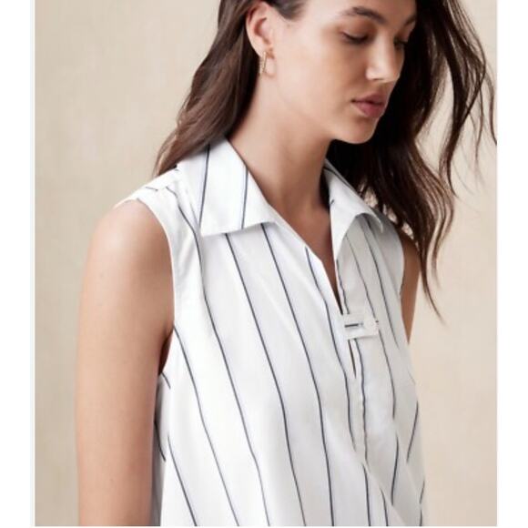 Banana Republic Women Striped Poplin Mini Dress Size M White Blue Preppy Classic - Picture 3 of 13